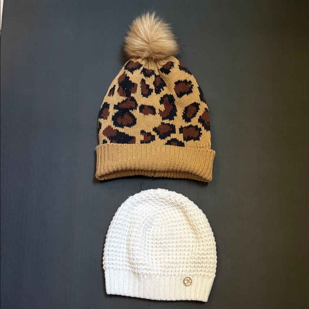 Calvin Klein Leopard Print and Cream Knit Beanie Set